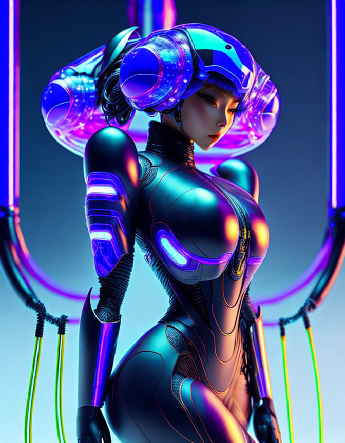 Female Android with Neon Accents and Helmet Connected to Cables