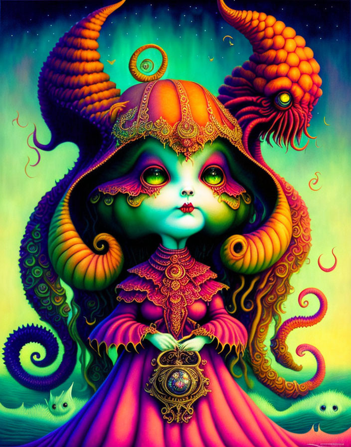 Colorful surreal portrait with green-eyed character, horn-like structures, and tentacles.