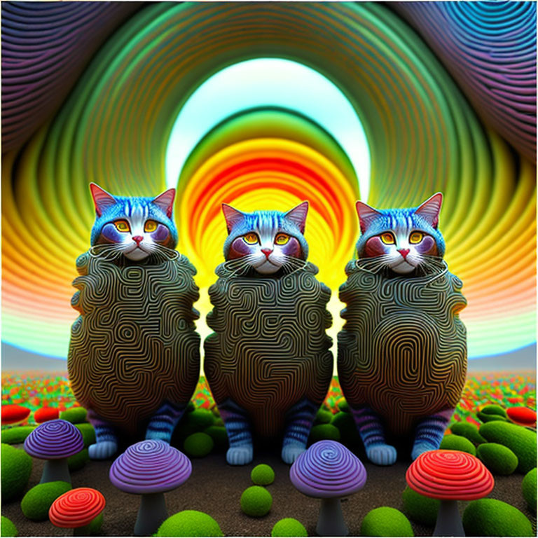 Colorful Psychedelic Landscape with Three Patterned Cats