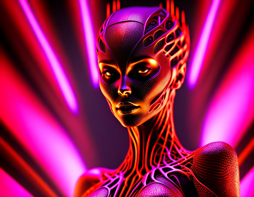 Female Android 3D Illustration with Intricate Skin Patterns on Neon Background