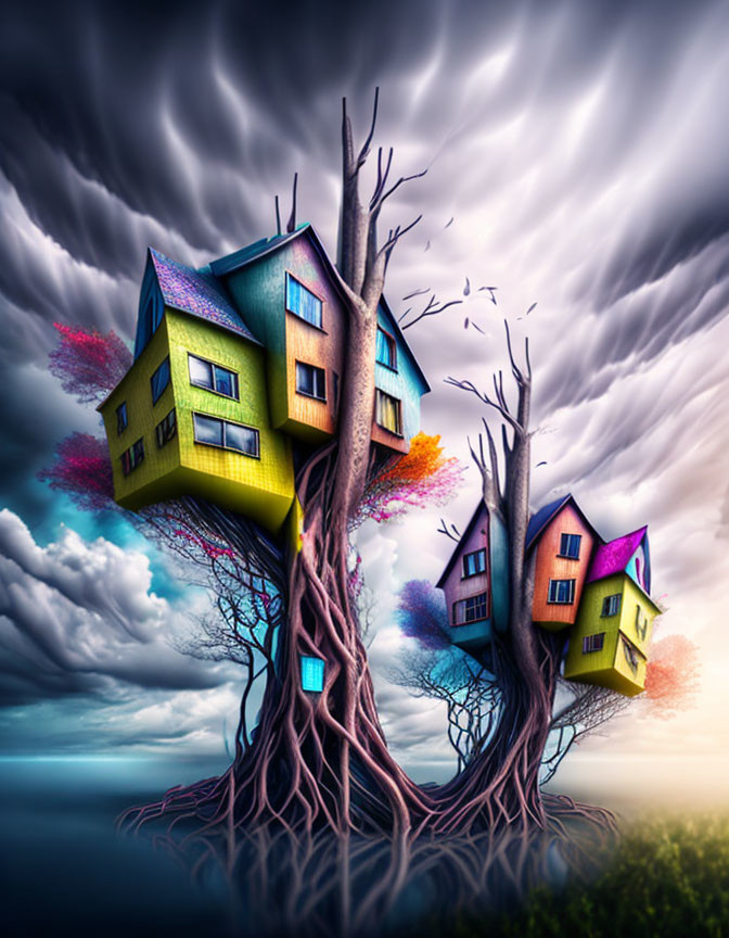 Colorful Surreal Artwork: Houses on Trees Under Swirling Sky