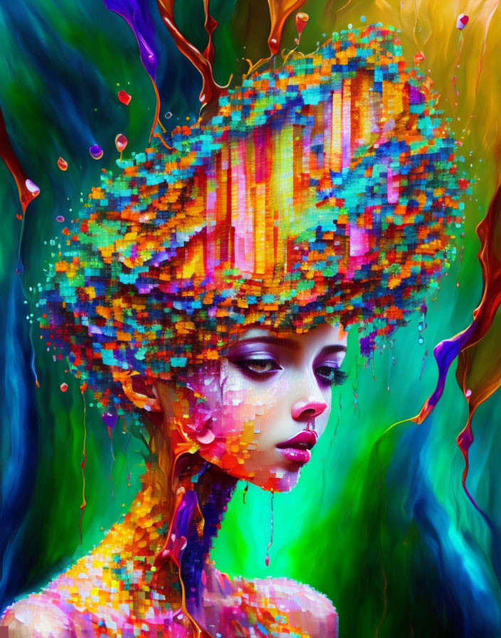 Colorful digital artwork of woman with paint-like hair on vibrant backdrop