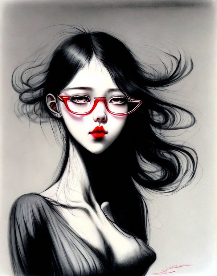 Monochrome illustrated portrait of woman with red glasses and flowing hair