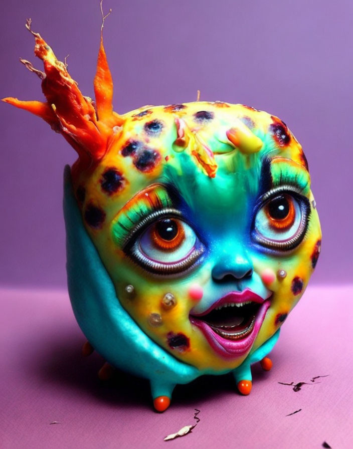 Colorful anthropomorphic fruit sculpture with expressive eyes and carrot-like top.