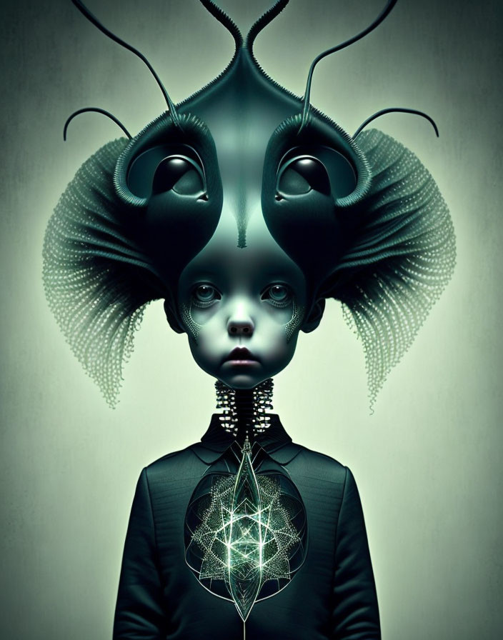 Surreal humanoid figure with dark eyes, ornate horns, frilled collar, and glowing chest