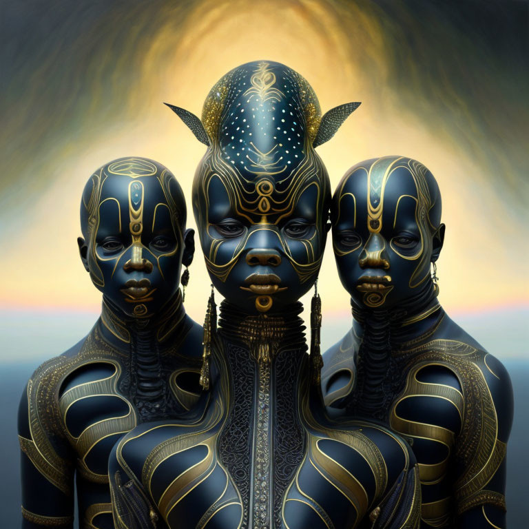 Intricate black and gold humanoid figures on glowing golden background