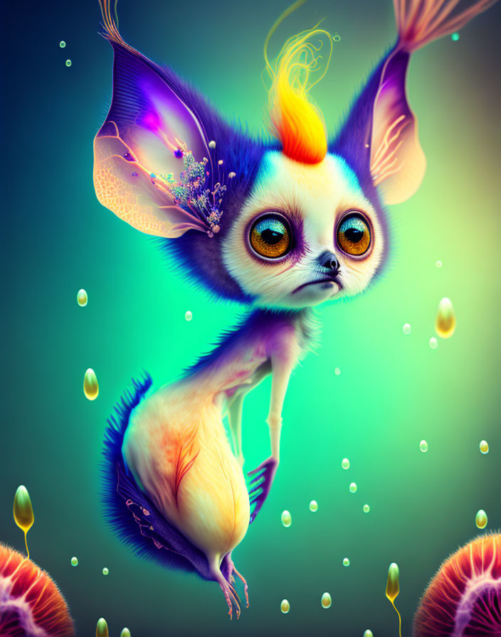 Colorful surreal creature with large eyes and wing-like ears on neon background