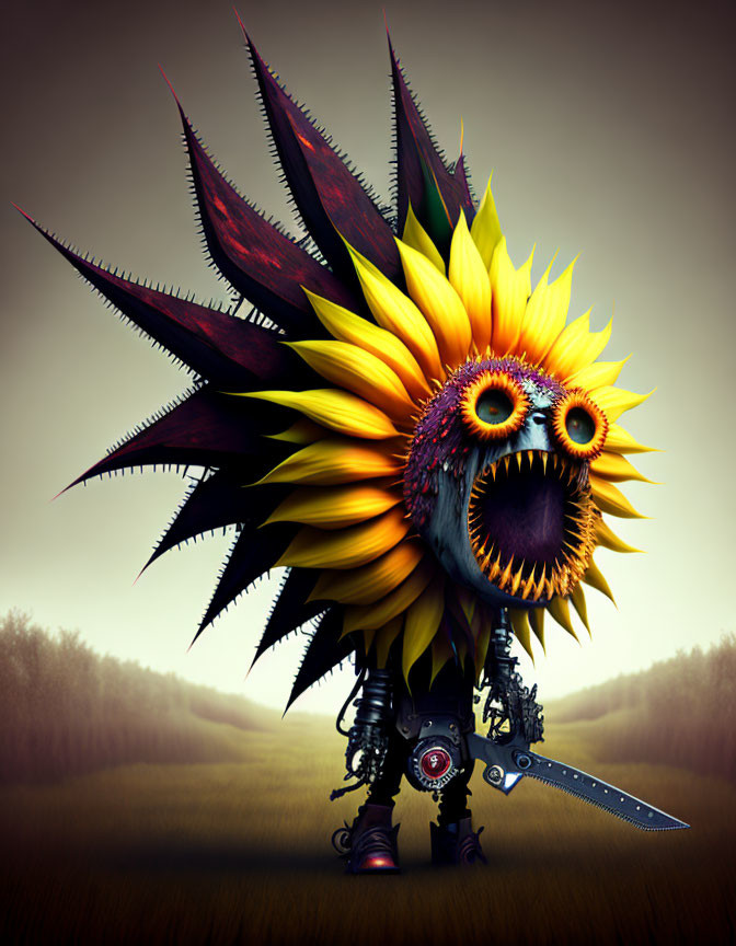 Vibrant sunflower-headed creature with sharp teeth and mechanical limbs in misty field