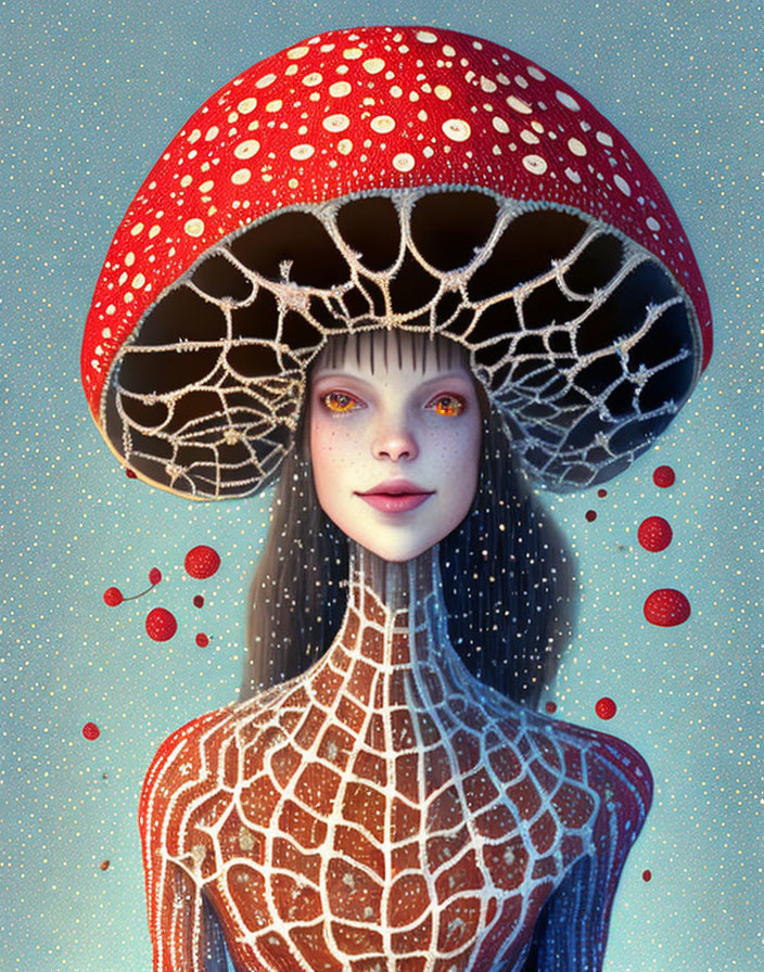 Digital artwork: Woman with mushroom hat, white patterns on skin, starry background