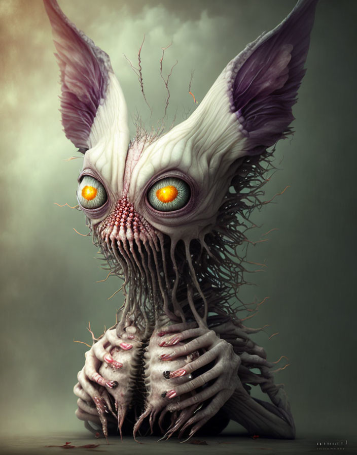 Surreal creature with orange eyes and tendrils on murky backdrop