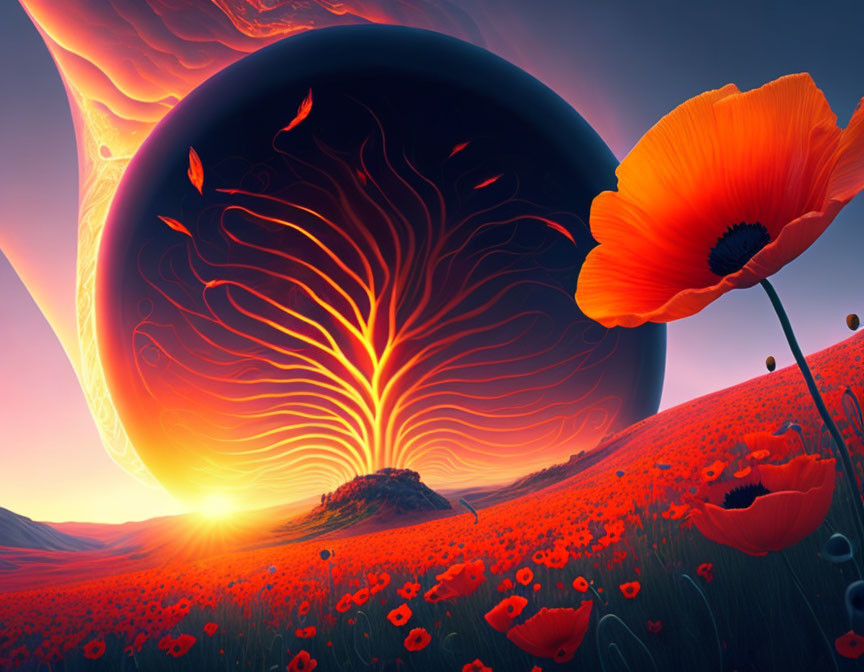 Surreal landscape with large tree, giant poppies, and planet with rings at sunset