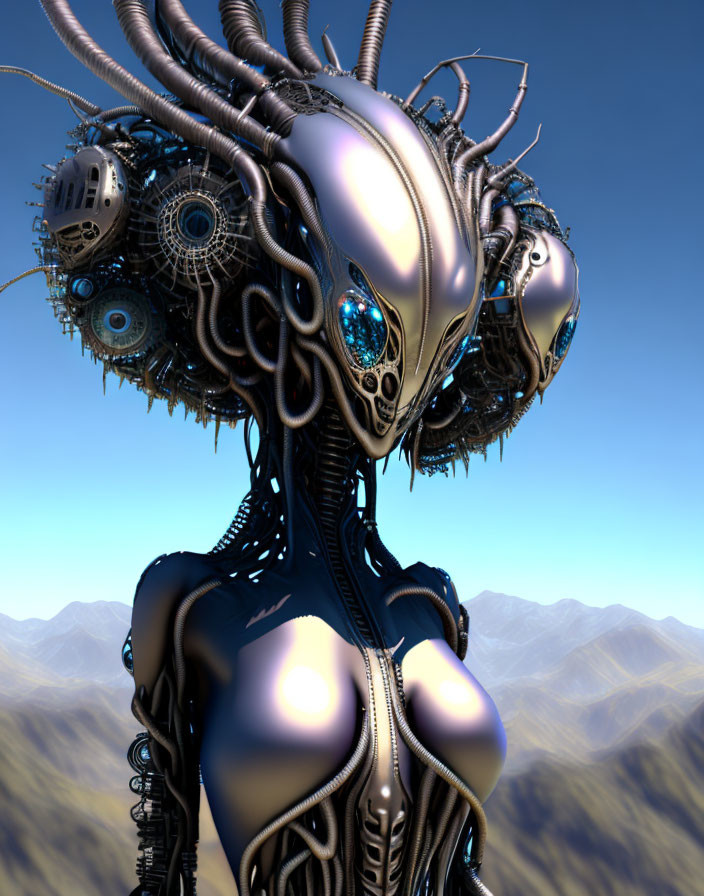 Detailed 3D humanoid robot with intricate head design against mountainous backdrop