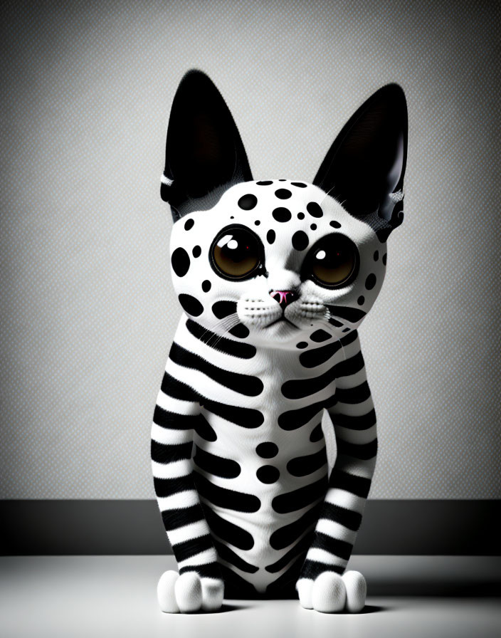 Stylized black and white cat with stripes and spots on neutral background