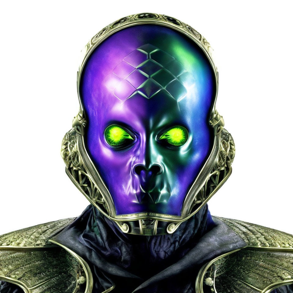 Purple-headed alien with green eyes and gold headpiece on white background