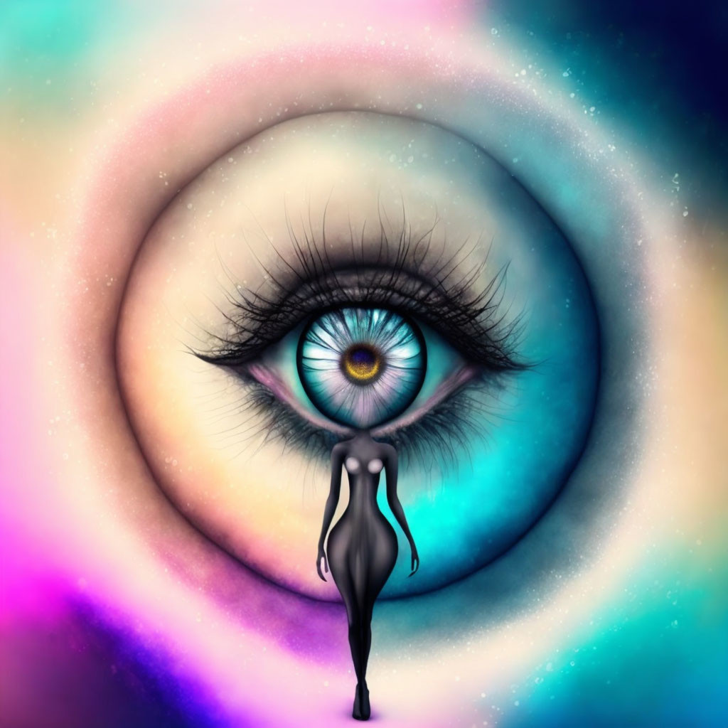 Detailed surreal image: large eye, colorful nebula background, person silhouette.