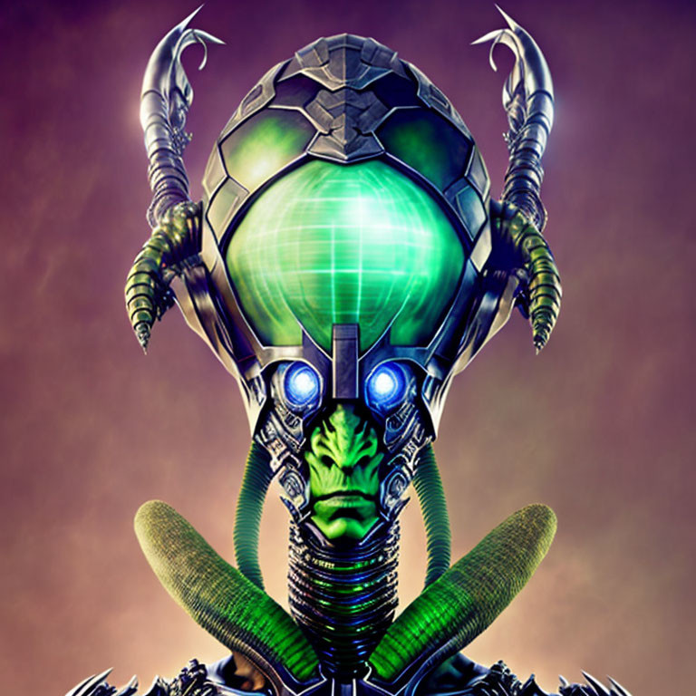 Detailed Alien Illustration: Green Face, Glowing Eyes, Horned Helmet, Cosmic Background