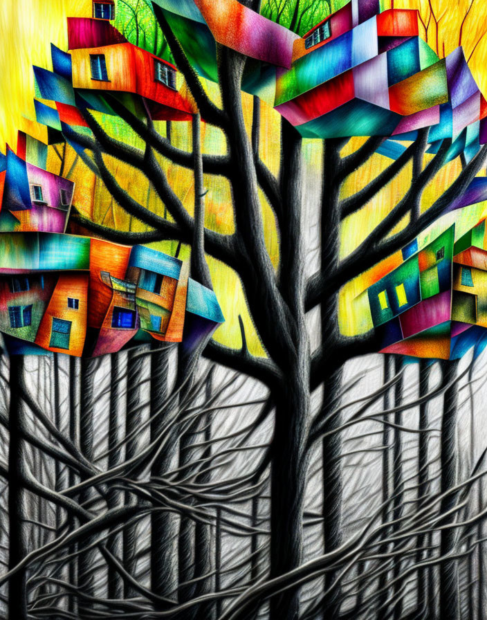 Colorful whimsical tree with house-like structures in branches against monochrome roots.