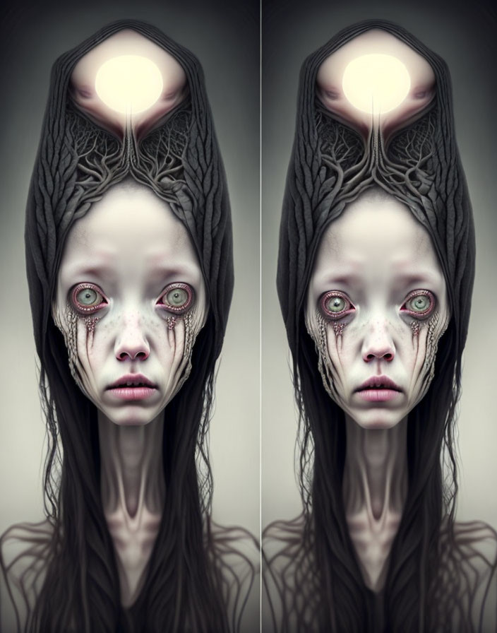 Surreal digital artwork of pale female figure with red-rimmed eyes