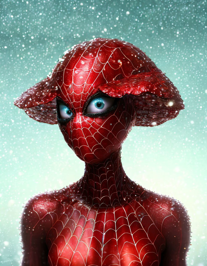 Red alien with blue eyes in snowflake backdrop