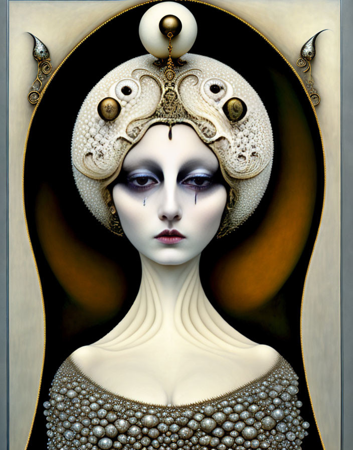 Pale woman with tentacle headwear and pearl accents in surreal portrait