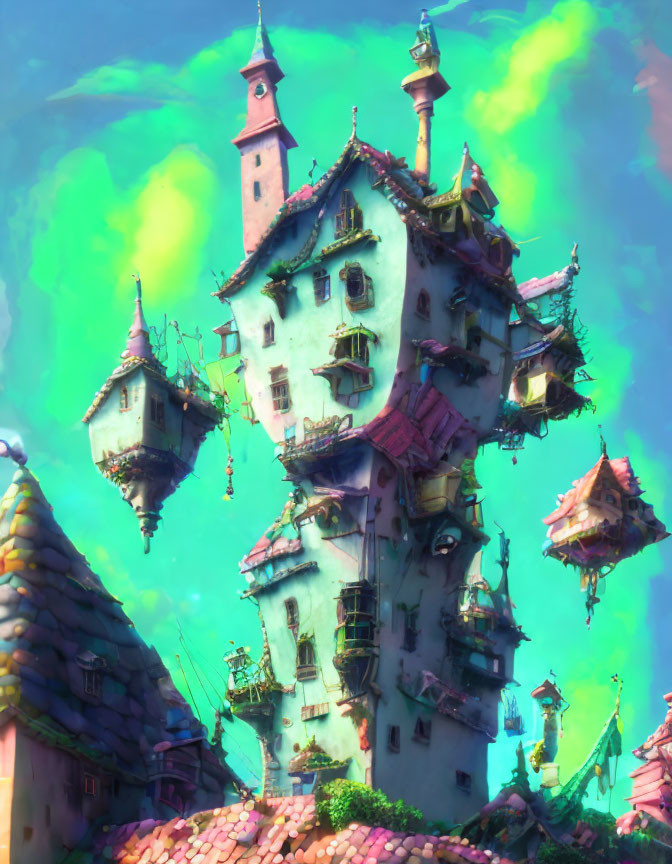 Colorful fantasy tower with annexes and balconies under green sky