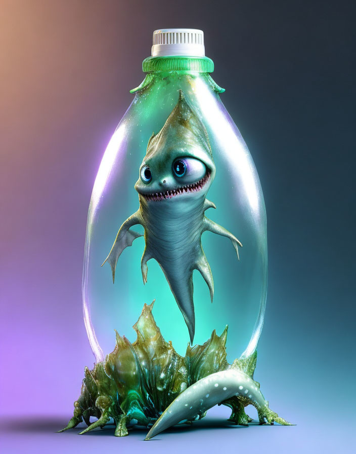 Bioluminescent fish in plastic bottle with seaweed - Illustration