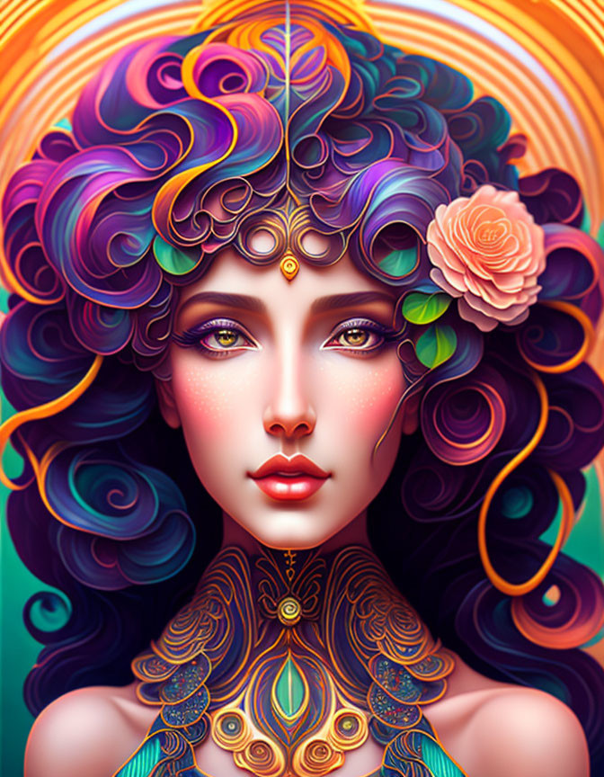 Vibrant digital art of a woman with purple, blue, and orange hair and a symmetrical