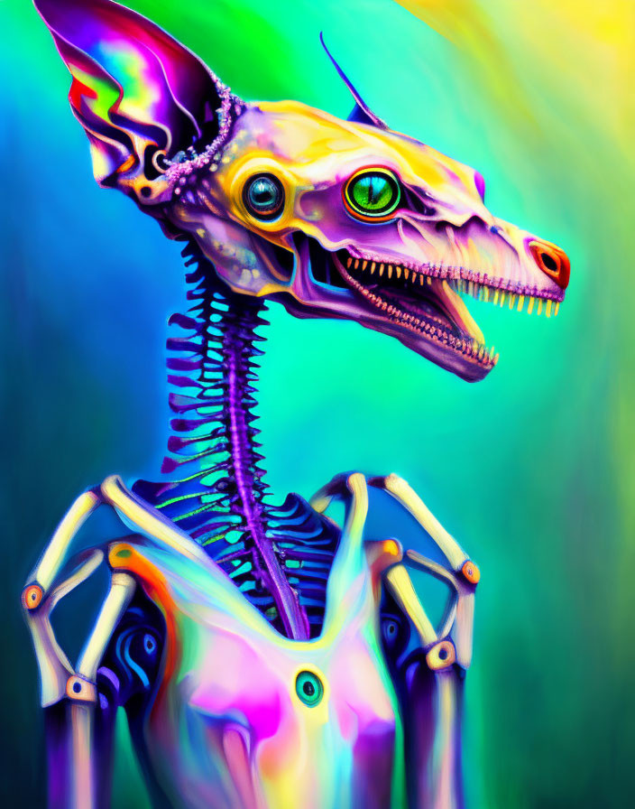 Colorful skeletal creature with canine skull head and neon biomechanical body.