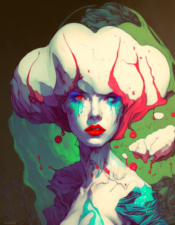 Vibrant surreal portrait with mushroom cap-like head and intense gaze