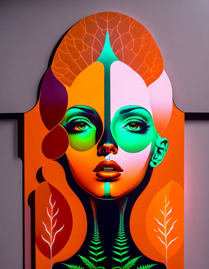 Symmetrical Split Portrait of Woman in Vibrant Neon Colors