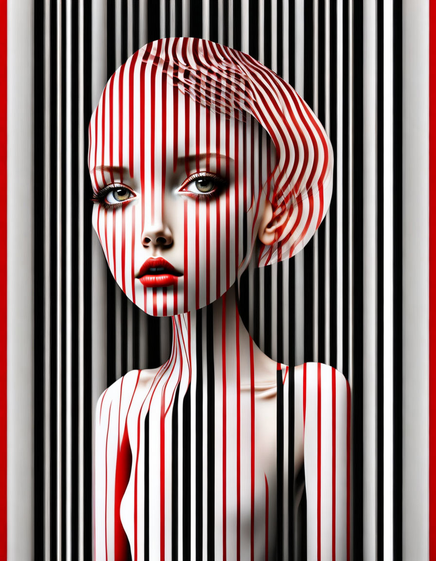 Surreal portrait: Woman's face with black and white stripes