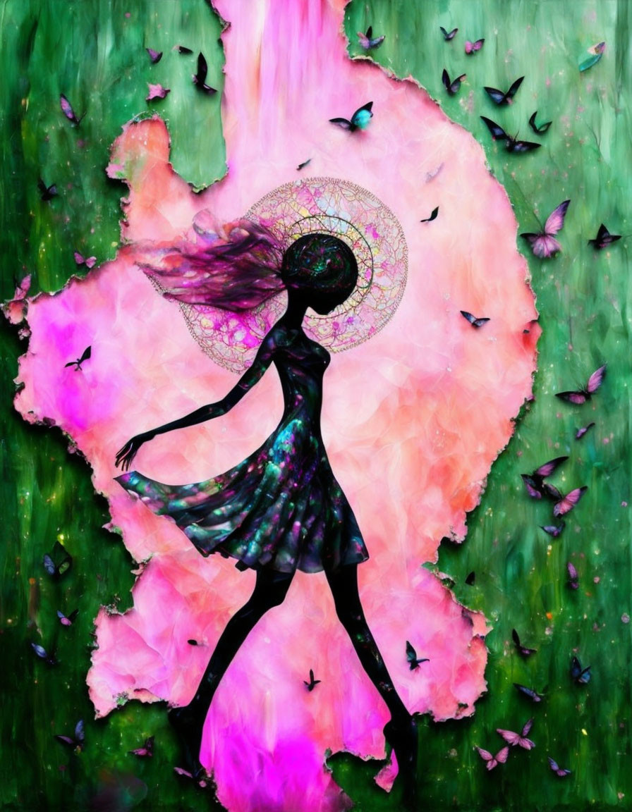 Silhouetted female figure in sun hat and dress surrounded by pink blossoms and butterflies.