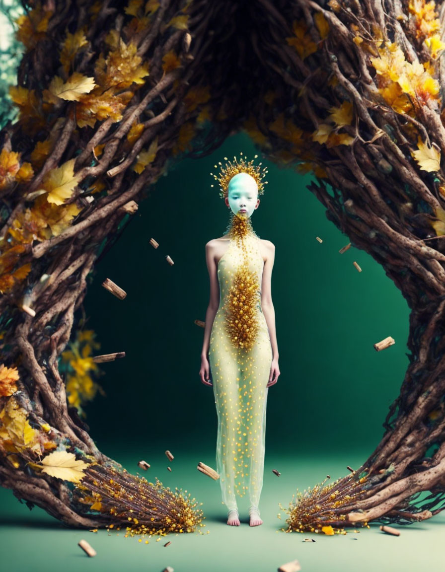 Surreal blue-faced figure in golden bodysuit among swirling trees