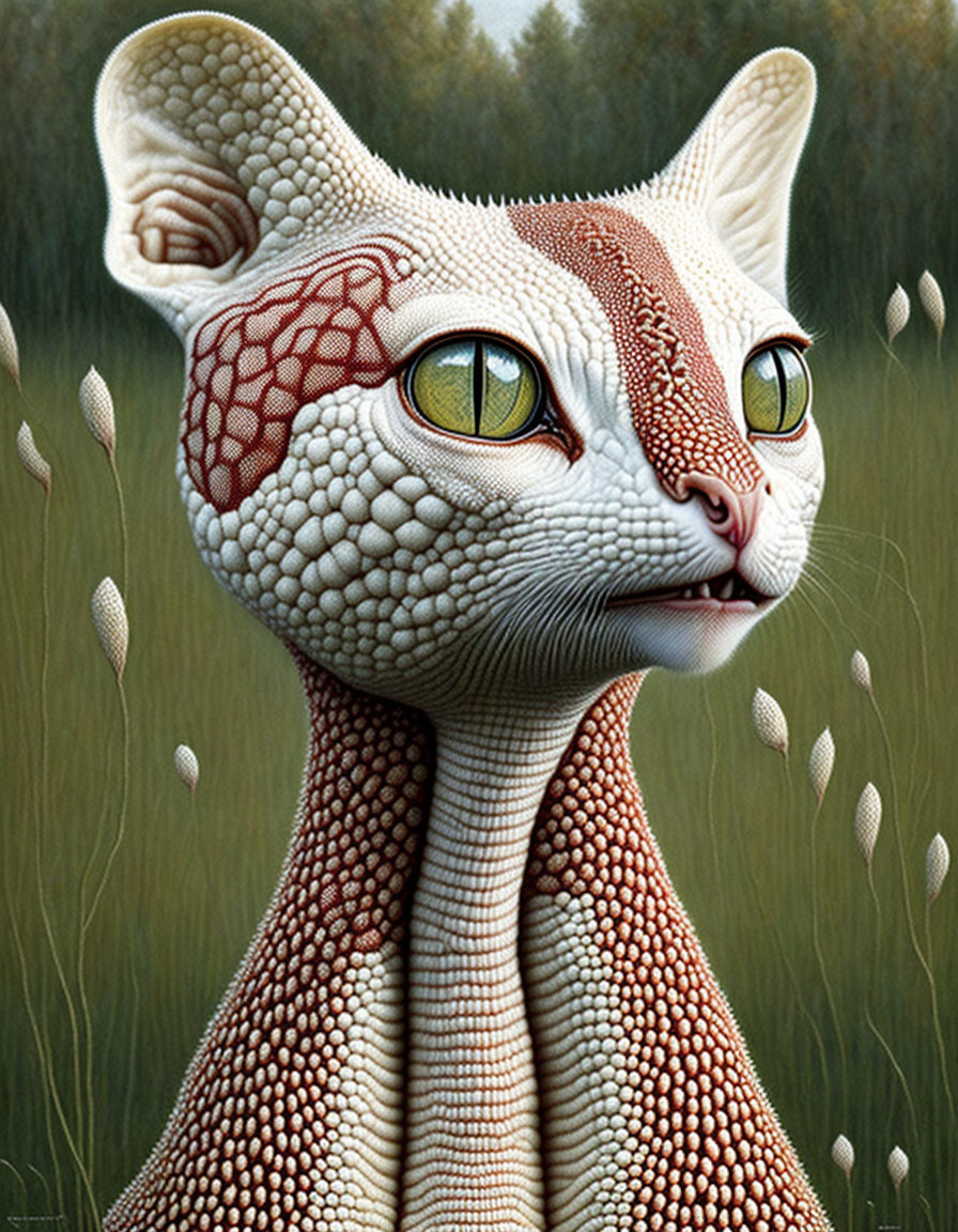 Stylized cat illustration with textured skin and yellow eyes