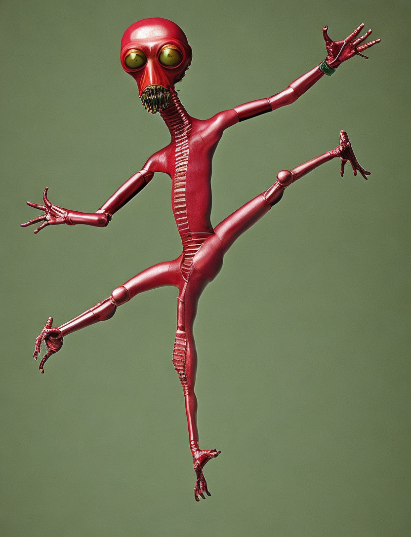 Red humanoid figure with multiple arms and oversized goggles on green background