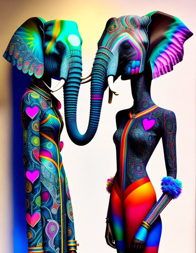 Vibrant psychedelic elephant-headed figures embracing