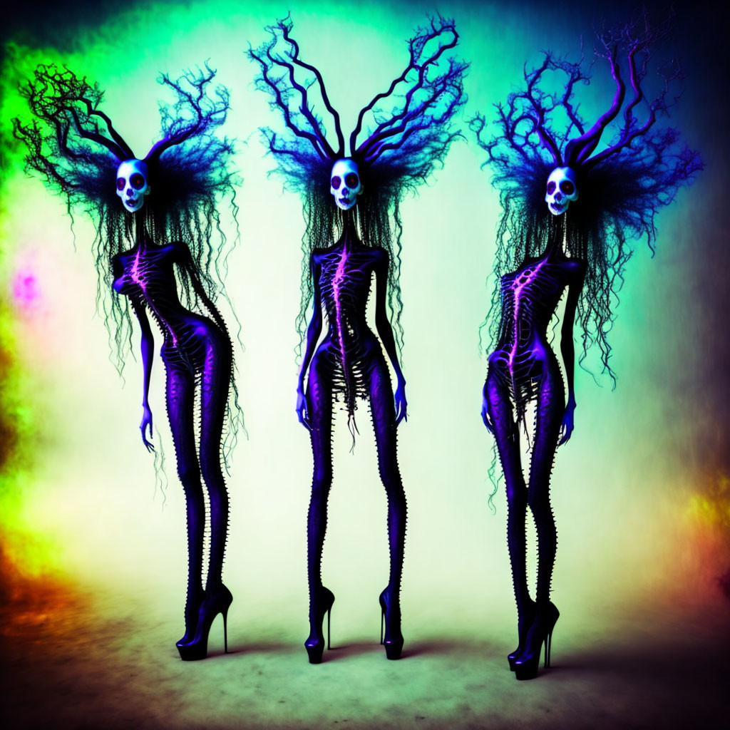 Skull-headed figures with twisted bodies in colorful lighting