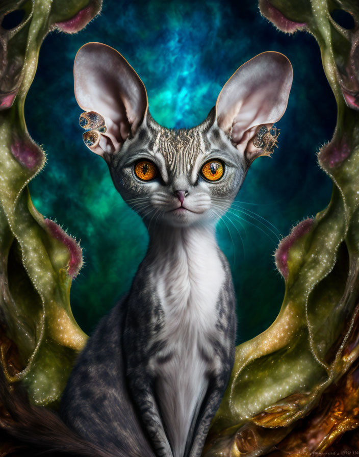 Surreal cat with oversized ears and orange eyes on dark floral backdrop