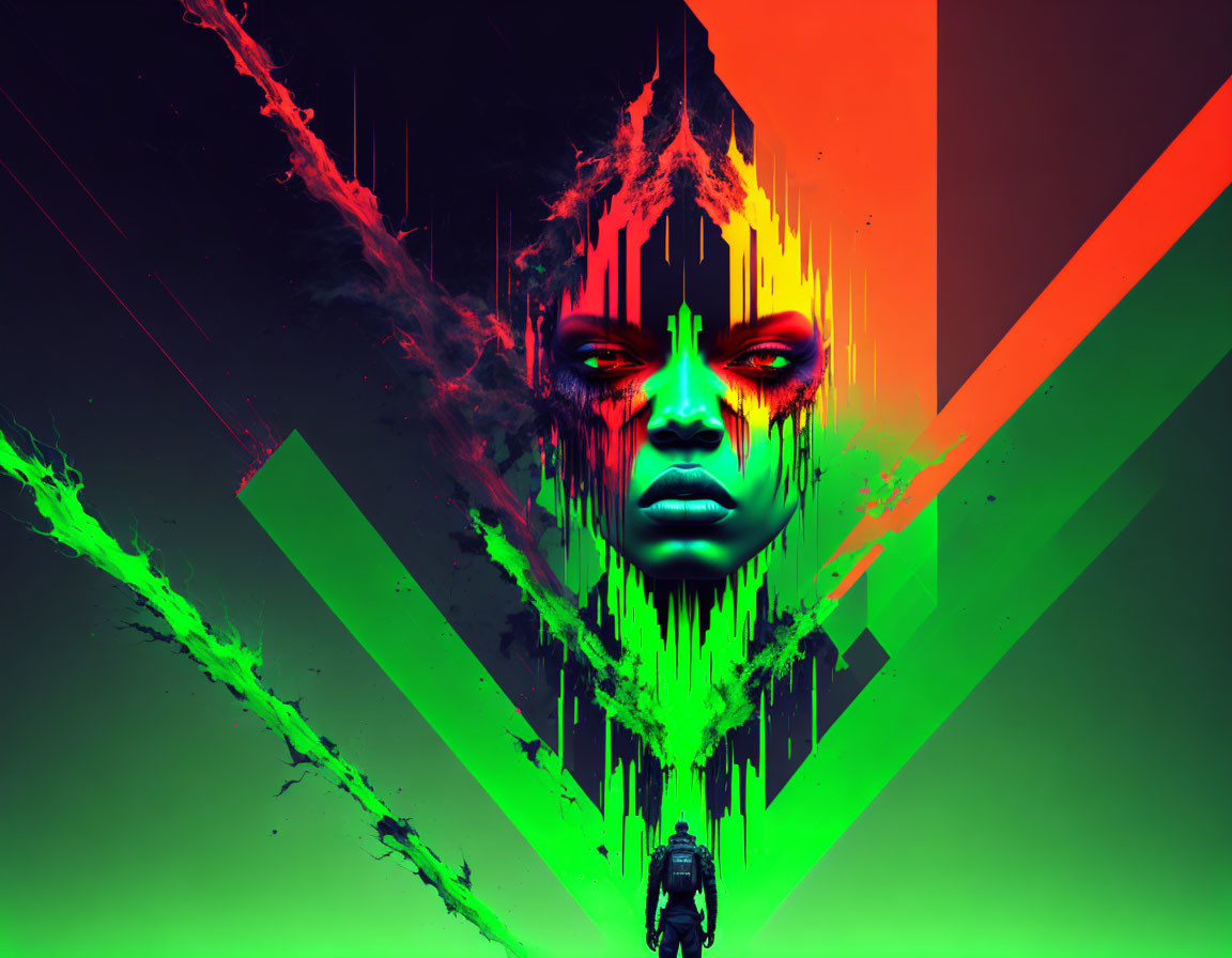 Vibrant neon colors in abstract digital art with fragmented face and small figure.