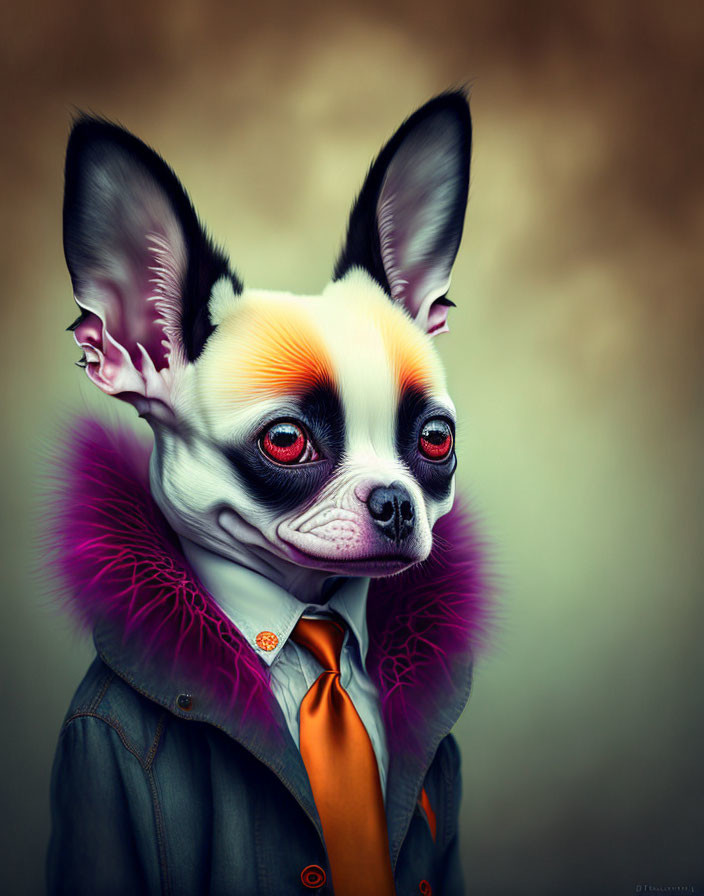 Stylized portrait of Chihuahua in suit with exaggerated features