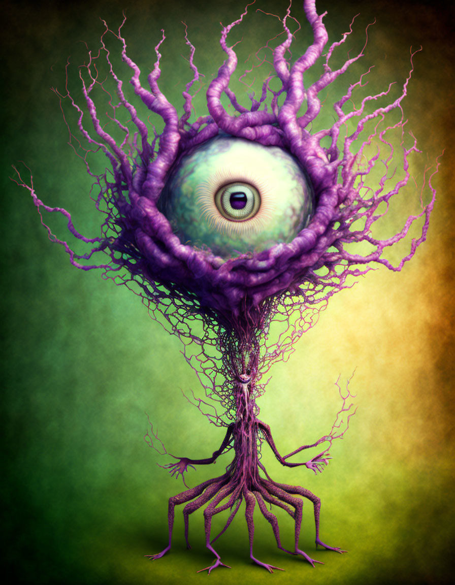 Purple tree-like creature with large eye on green background