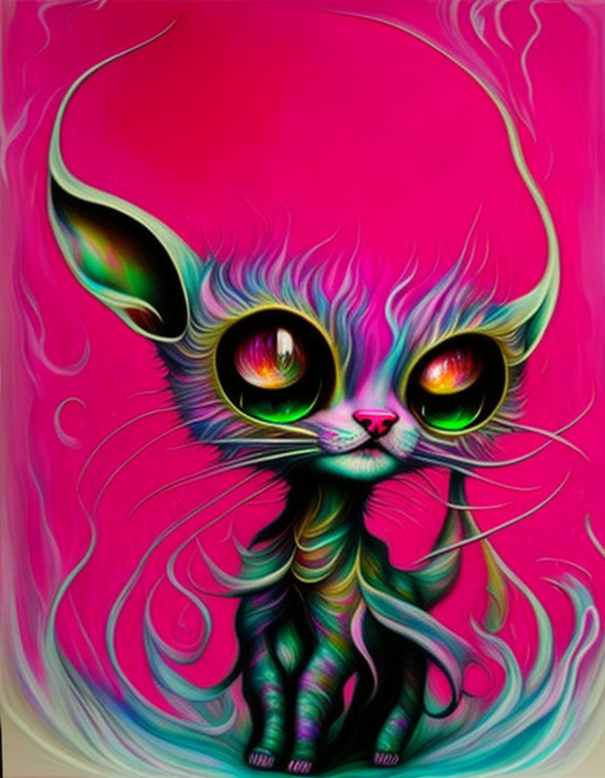 Colorful Stylized Cat Artwork with Neon Pink and Green Swirls