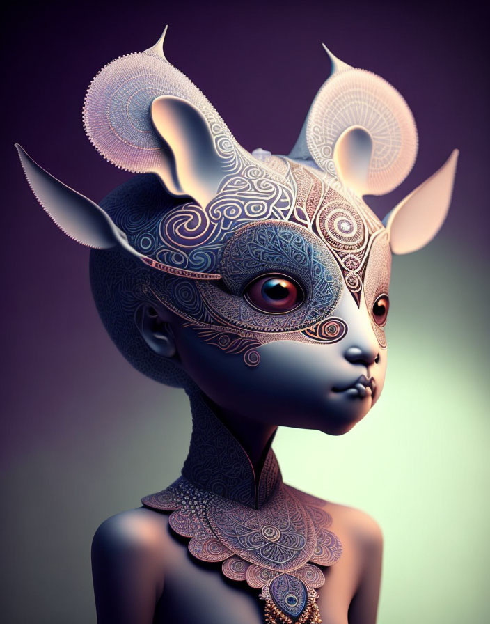 Creature with humanoid face and large ears in intricate patterns on purple background