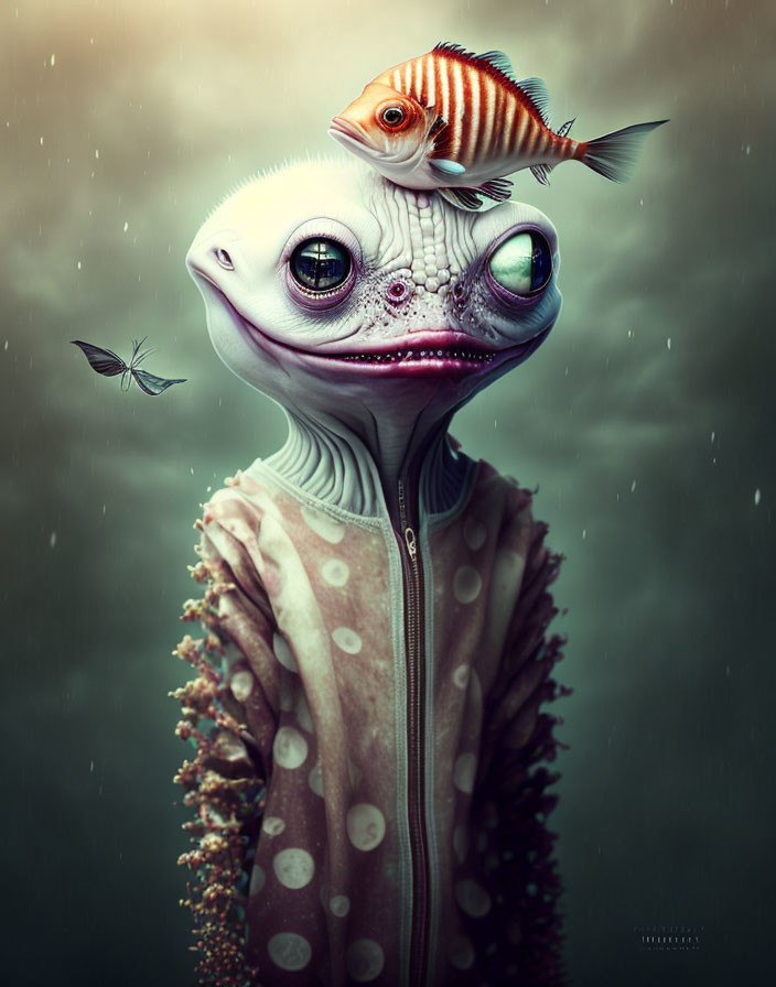 Anthropomorphic creature with fish on head in surreal setting