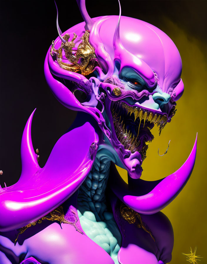 Detailed 3D illustration of purple exoskeleton creature with gold adornments