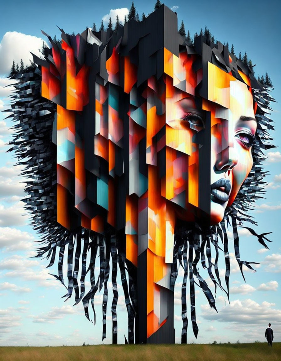 Surreal 3D artwork: fragmented human face, prismatic colors, geometric shapes, cloudy