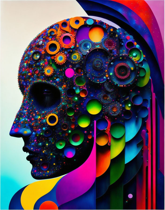 Colorful profile head artwork with intricate patterns and mechanical motifs blending into a rainbow cascade