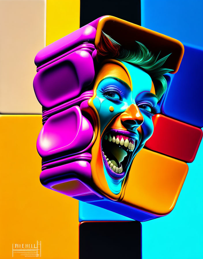 Colorful Digital Artwork: Distorted Face with Bold Geometric Background