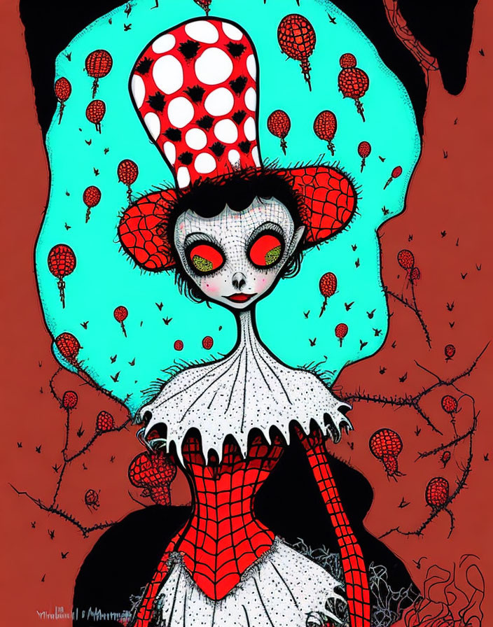 Character with large polka-dotted hat in red & turquoise setting.