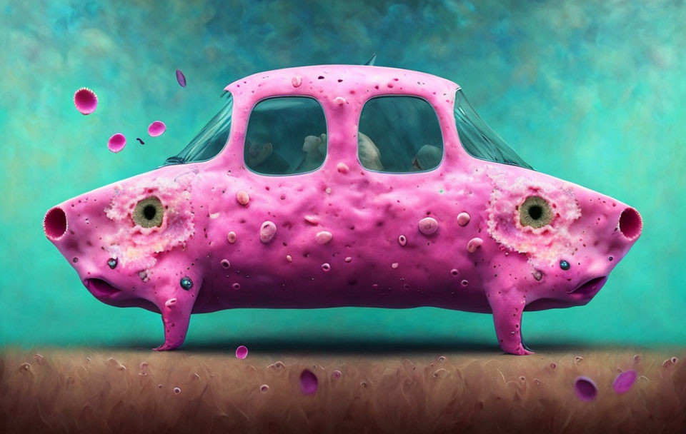 Pink Blobby Vehicle with Eye-like Windows on Teal Background